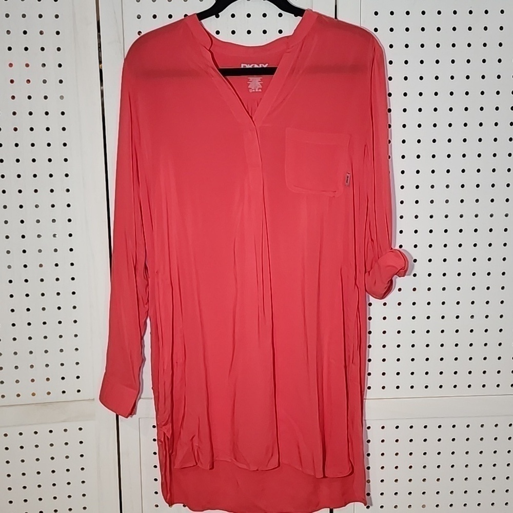 DKNY Size Small Tunic Dress Coral Tab Sleeves Pullover Pocket Lightweight Beach